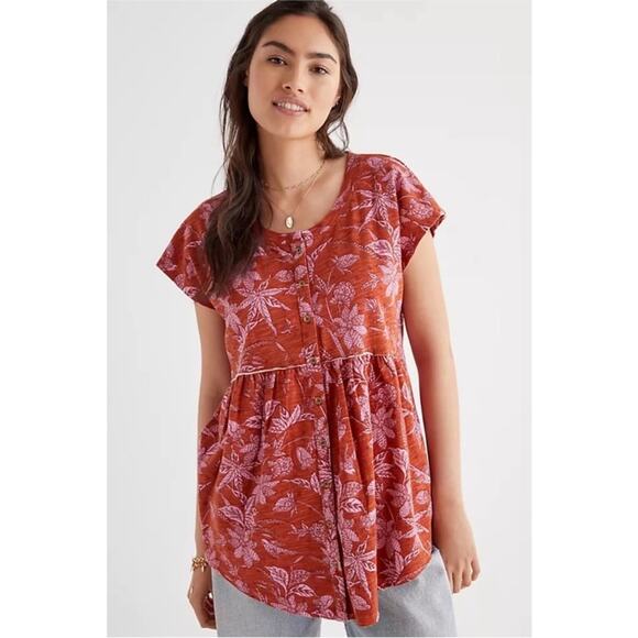 NWOT Anthropologie Pink Tropical Floral Washed Babydoll Top Button Front S - Picture 1 of 11
